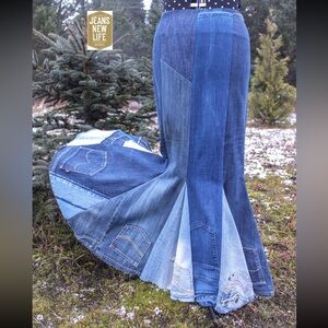 Handmade asymmetrical maxi denim skirt made from recycled jeans